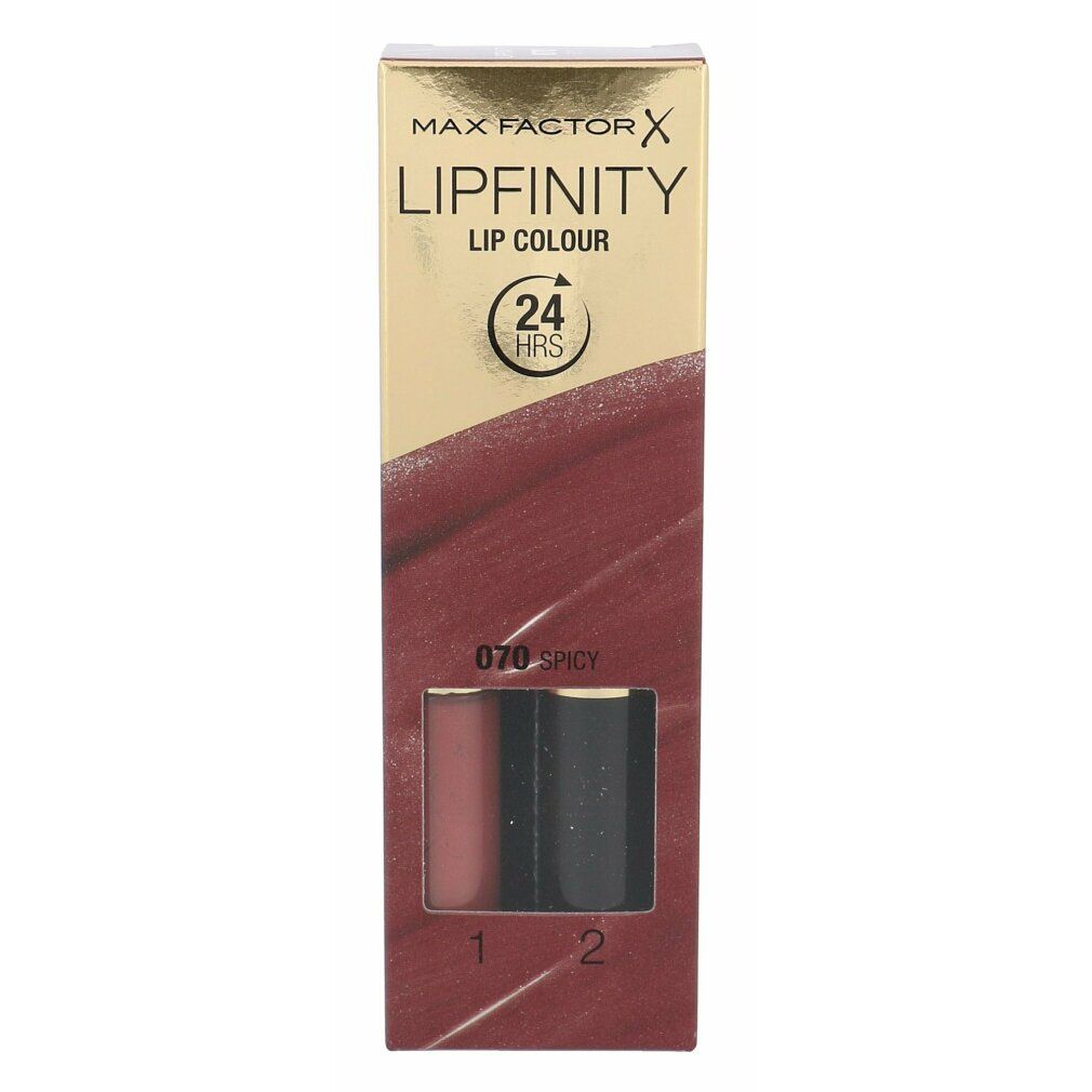 Max Factor Lipfinity Lip Colour 070 Spicy. Confezione con due prodotti. Tonalità oro e rosse. Tenuta 24 ore.