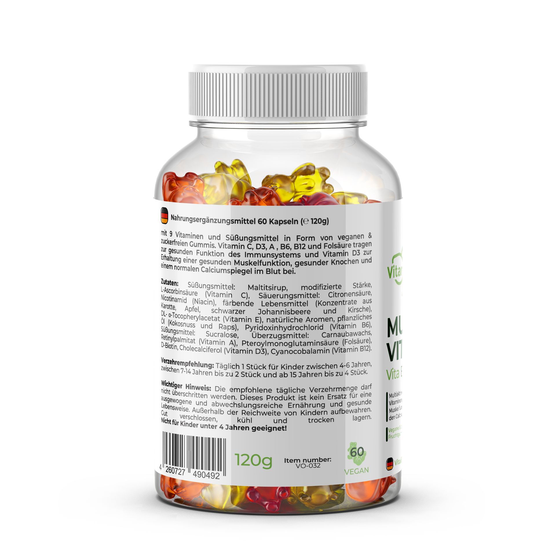 Retro del flacone VitaraOne® Multi-Vitamin Gommose. Contiene informazioni sugli ingredienti e sui valori nutrizionali. 120g.