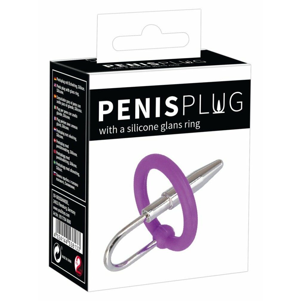 Confezione del prodotto. Scatola nera con immagine e testo. Prodotto: Penis Plug con anello in silicone. Anello e plug viola e argento.