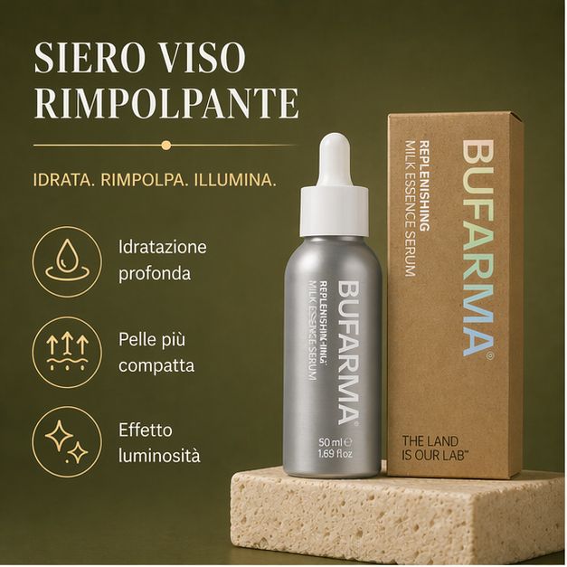 Flacone di siero e confezione. Scritta BUFARMA, Replenishing Milk Essence Serum. Contagocce. Confezione marrone. Testo: Siero Viso Rimpolpante.