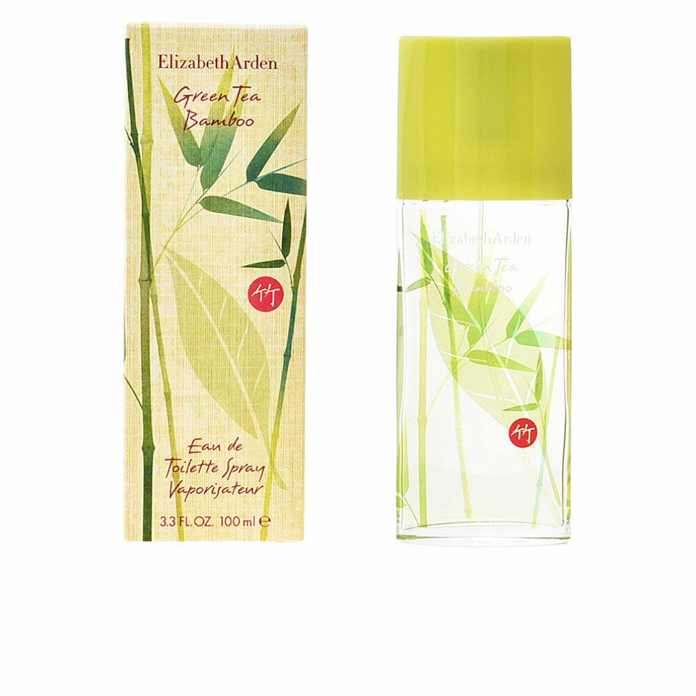 Flacone e confezione. Flacone: rettangolare, verde. Confezione: rettangolare, beige con motivo bambù. Testo: Elizabeth Arden Green Tea.
