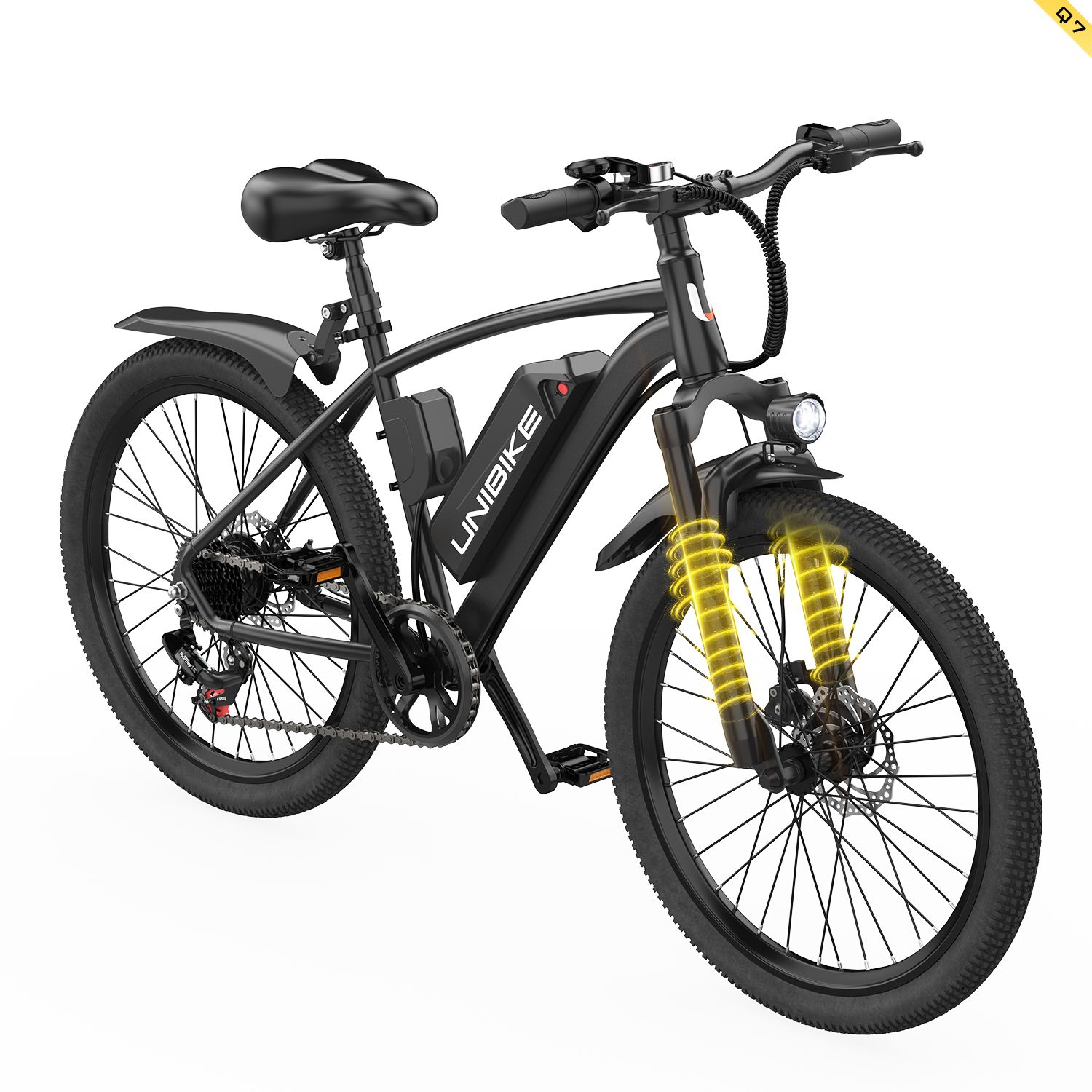 Bicicletta elettrica nera con forcella ammortizzata, faro e logo UNIBIKE. Pneumatici scolpiti, parafanghi e sella.