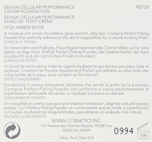 Testo sulla confezione. Nome del prodotto: Sensai Cellular Performance Cream Foundation. Tonalità: Amber Beige. Ingredienti e indirizzo del produttore.