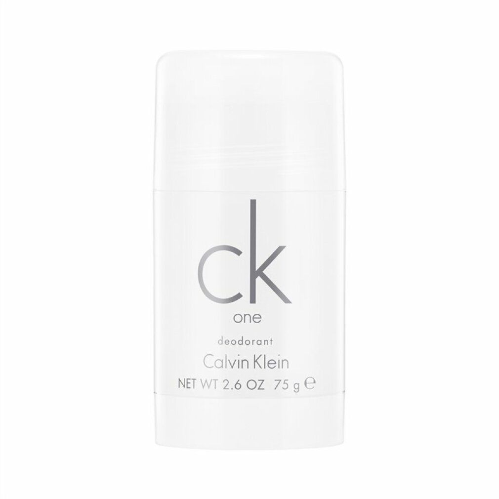 Stick deodorante bianco Calvin Klein One. Scritta: ck one, deodorante, Calvin Klein. Scrittura nera.