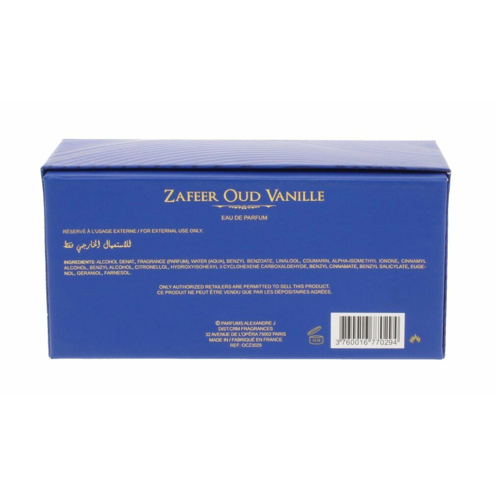 Retro della confezione blu. Testo: Zafeer Oud Vanille, Eau de Parfum. Ingredienti, avvertenze e informazioni produttore.