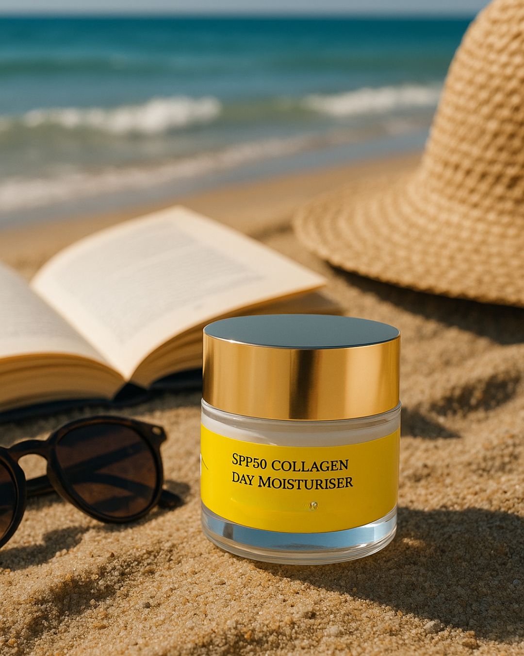 Vasetto di crema con etichetta gialla sulla spiaggia. Occhiali da sole, libro e cappello sullo sfondo. Coperchio dorato.