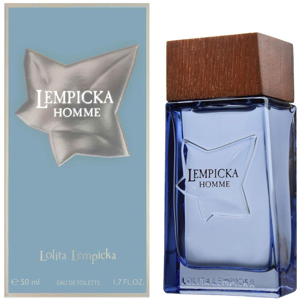 Flacone blu con tappo in legno e confezione. Scritta: Lempicka Homme. Flacone con motivo a stella. Confezione con logo e scritta.