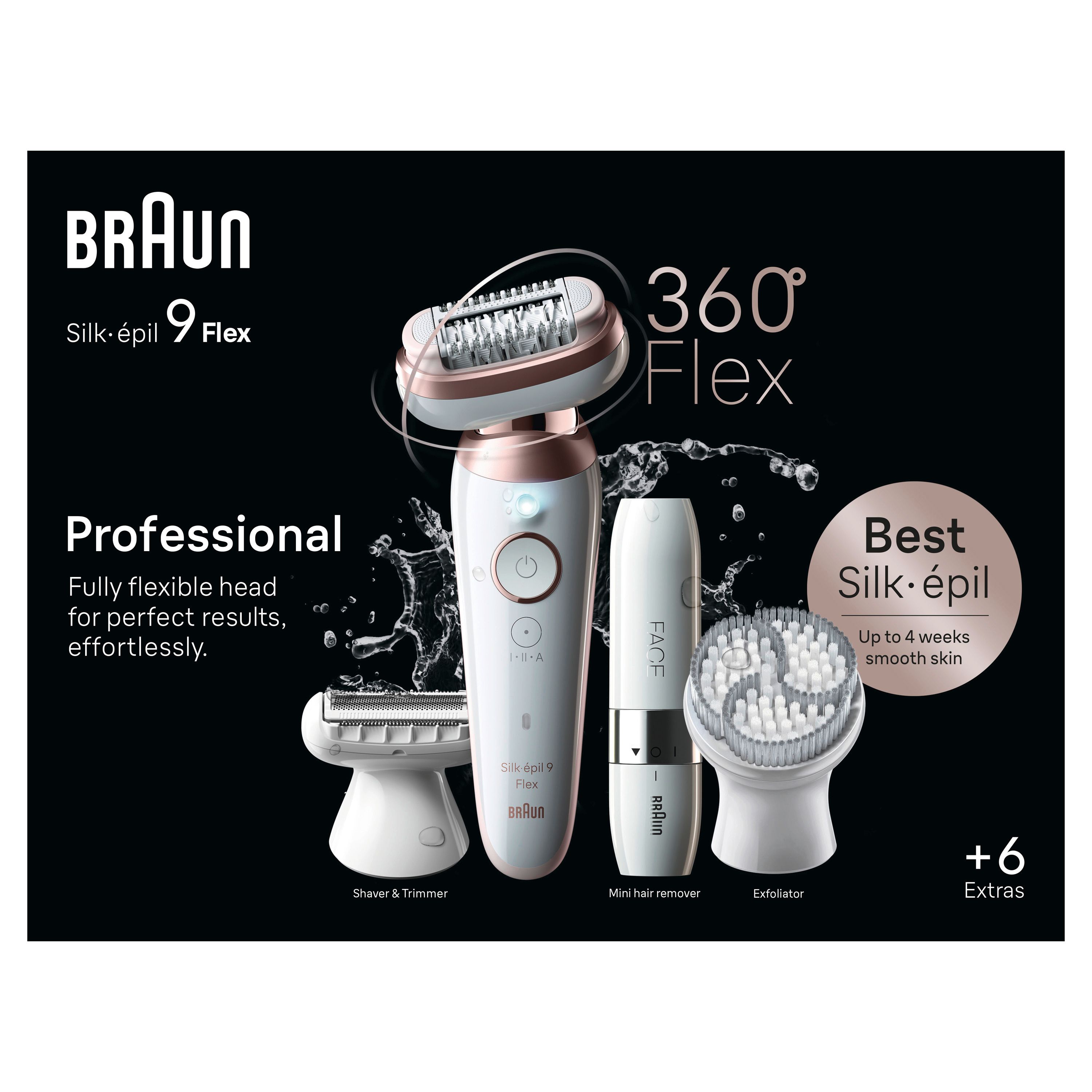 Epilatore Braun Silk-épil 9 Flex. Bianco/Rosa Titanio. Accessori: testine, spazzola, mini-epilatore. Sfondo nero.