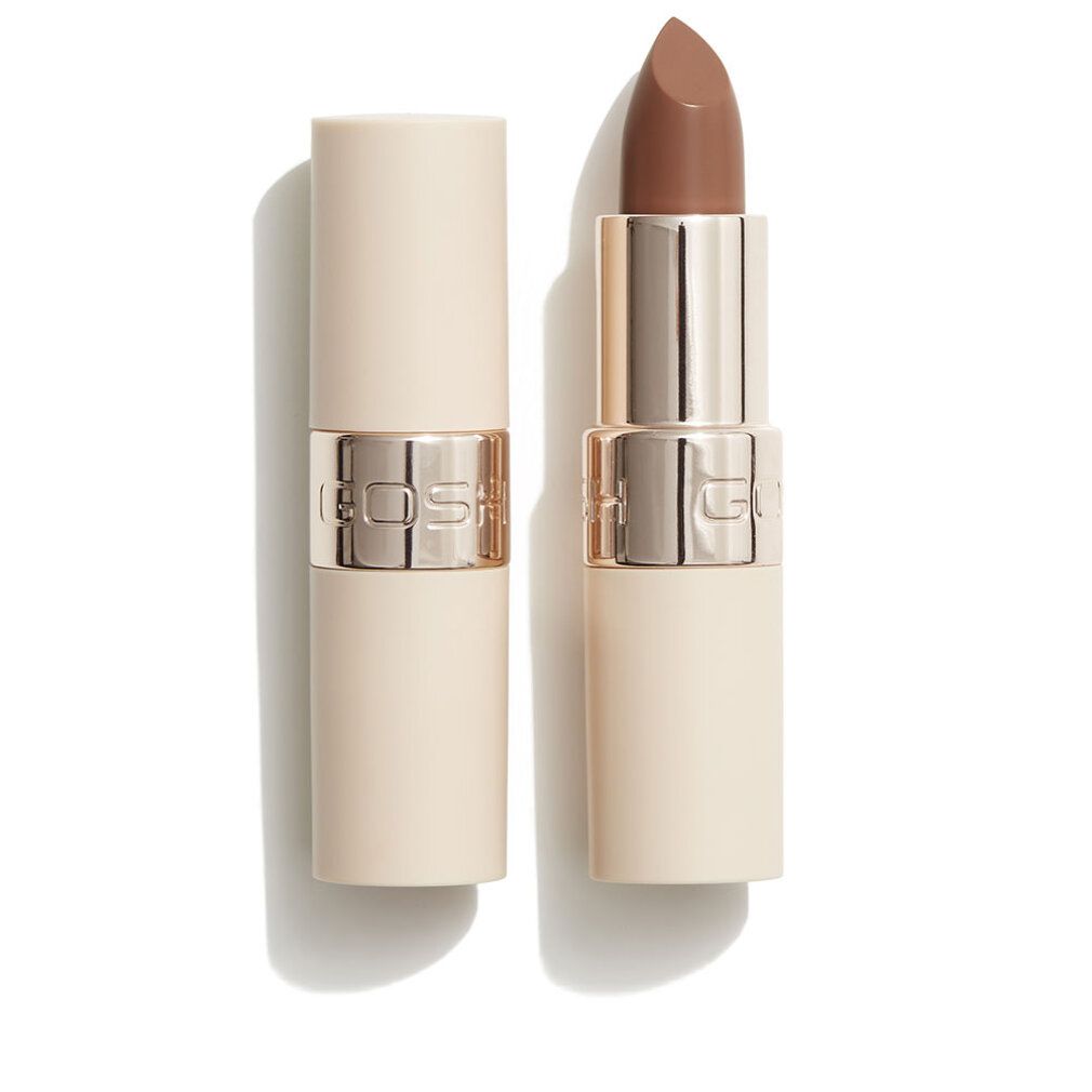 Rossetto GOSH, custodia beige chiaro, anello dorato con logo. Rossetto marrone. Aperto e chiuso.