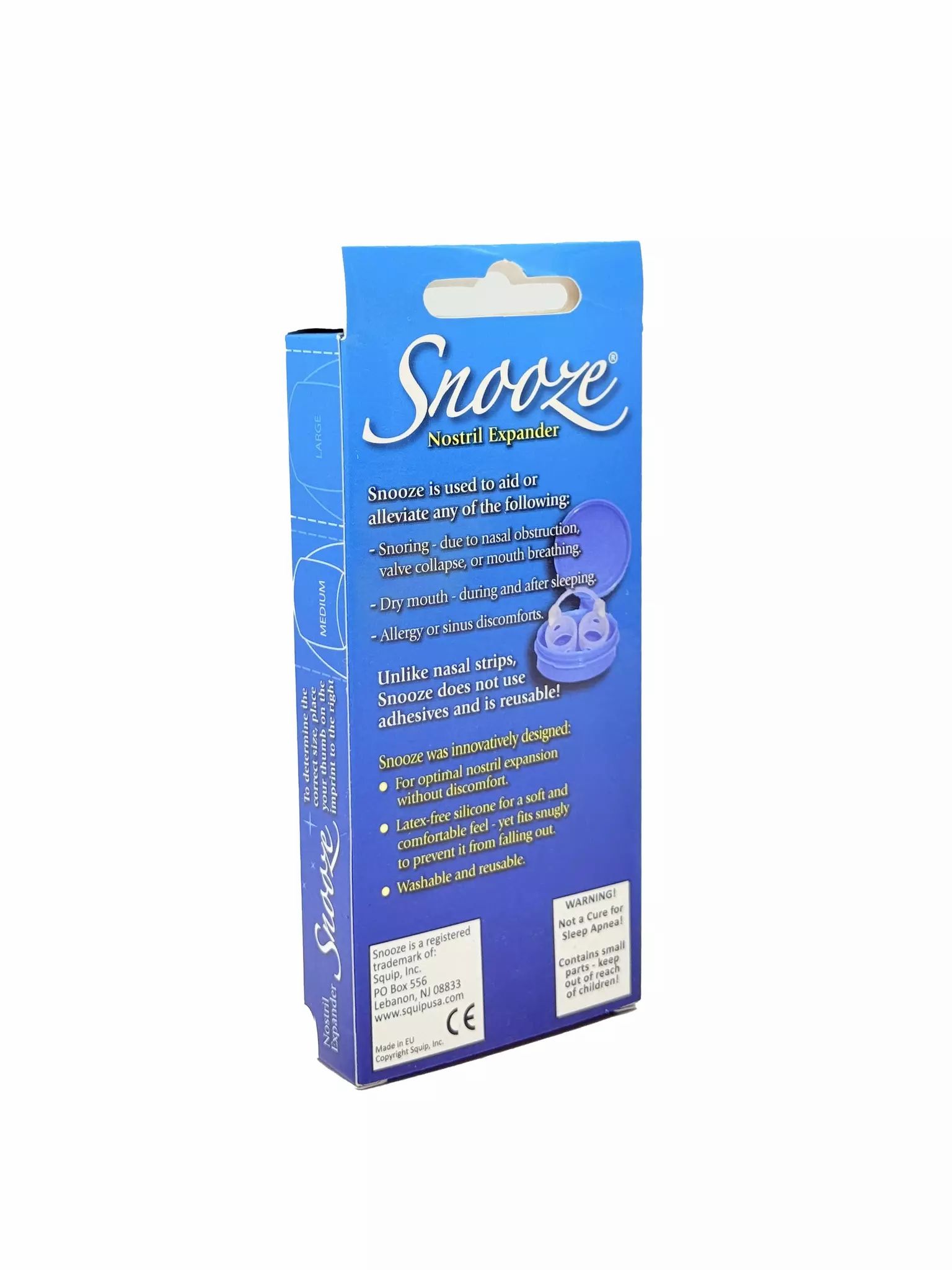 Retro della confezione blu del prodotto. Mostra informazioni sul prodotto Snooze, incluso l'uso e i materiali.