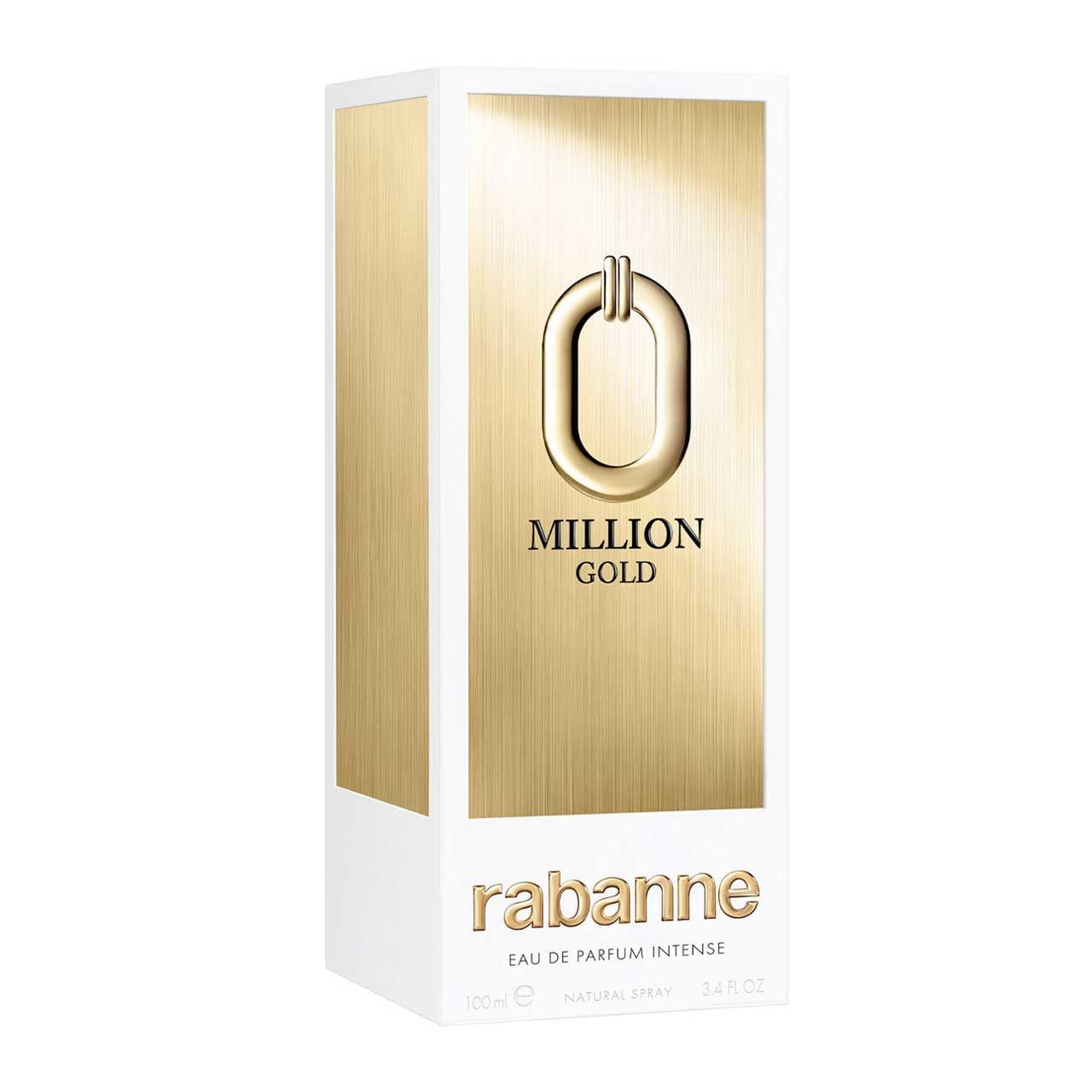 Confezione bianca con fronte dorato. Scritta "Million Gold" e "rabanne".