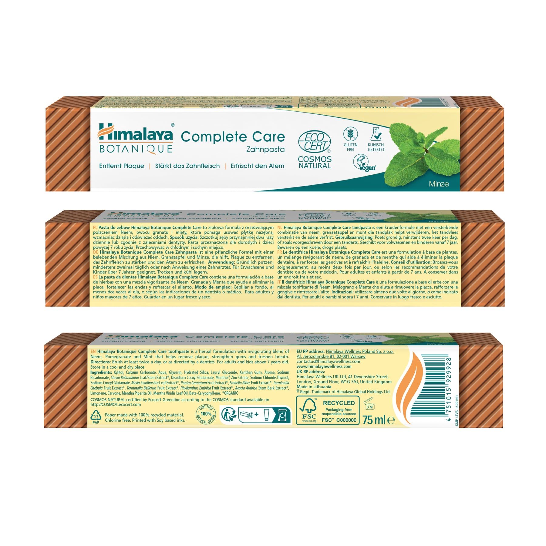 Confezione di dentifricio Himalaya Botanique Complete Care, design foglia di menta, con sigilli.