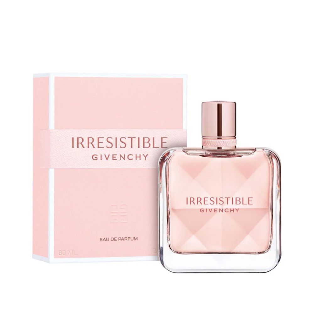 Flacone di profumo rosa e confezione. Scritta: Irresistible Givenchy. Flacone quadrato con contenuto rosa. Confezione con logo.