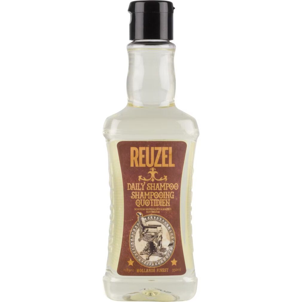 Shampoo trasparente in bottiglia con etichetta marrone. Scritta: Reuzel Daily Shampoo. Tappo nero.