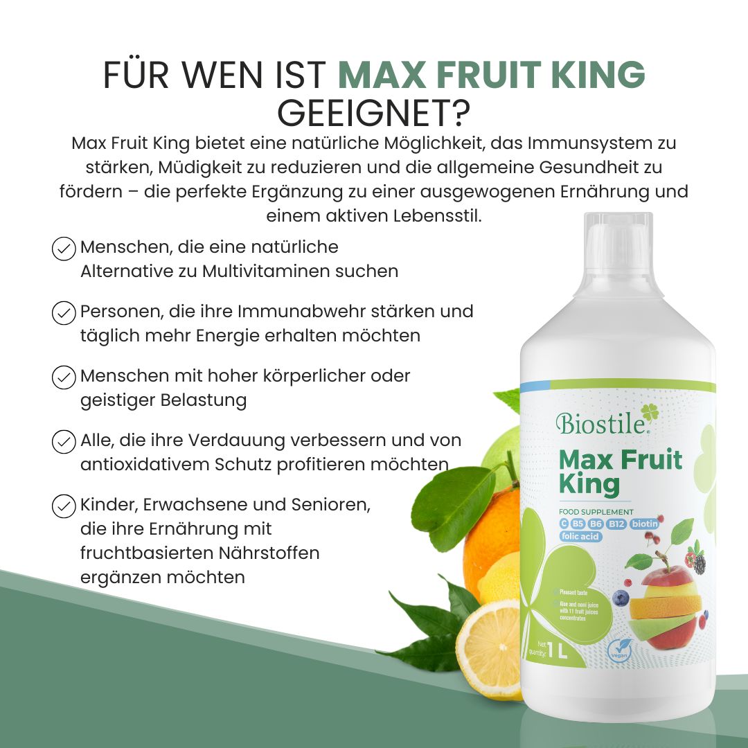 Biostile Max Fruit King, bottiglia da 1L con illustrazione di frutta e informazioni sulla salute.