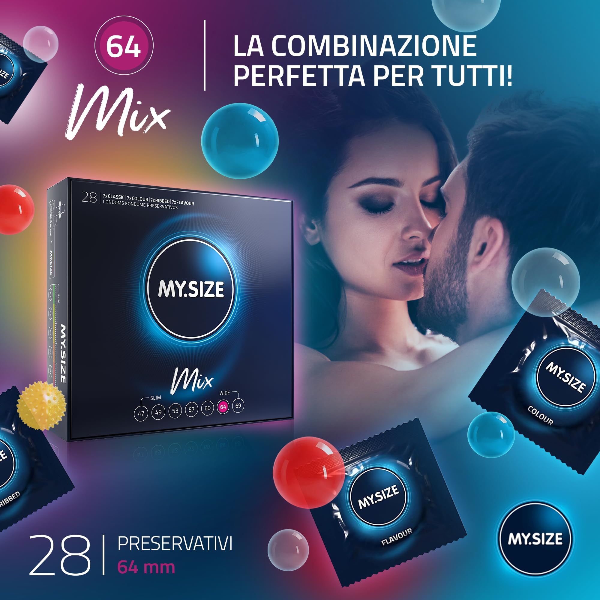 MY.SIZE Mix preservativi 64mm, 28 pezzi. Confezione accanto a una coppia e a singole bustine. Indicazione della taglia.