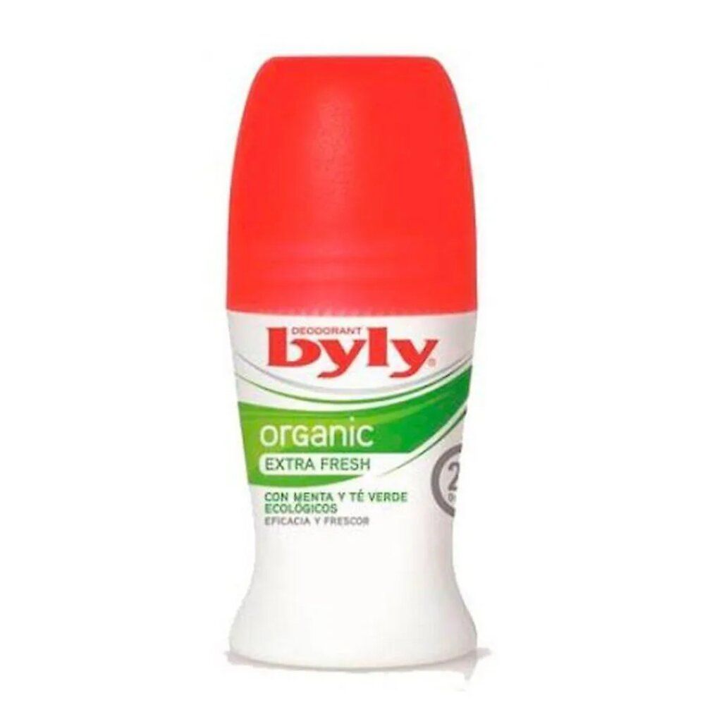 Deodorante roll-on Byly Organic. Contenitore bianco, tappo rosso. Scritta verde e bianca: organic, Extra Fresh. Menta e tè verde.