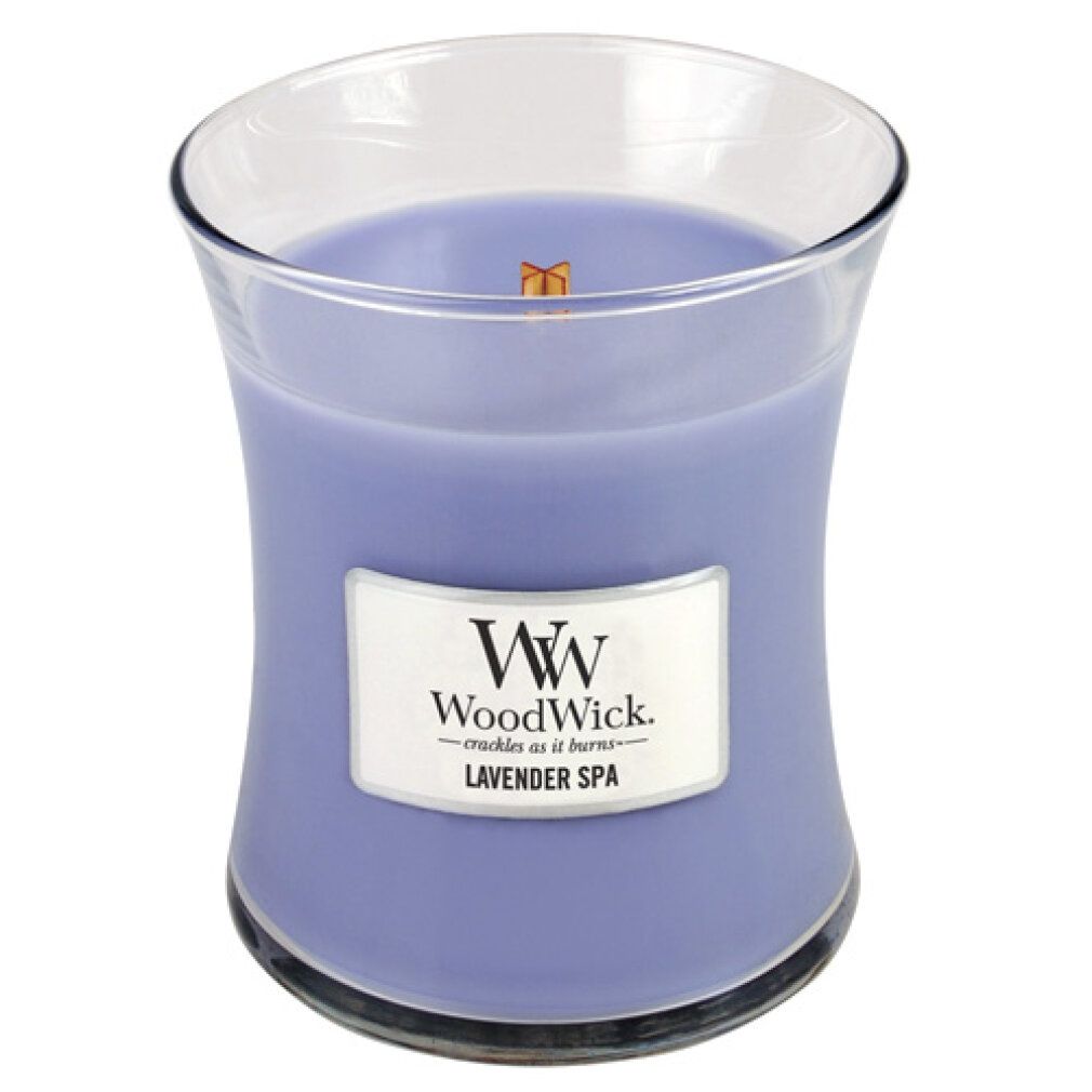 Candela a clessidra con etichetta "WoodWick Lavender Spa".