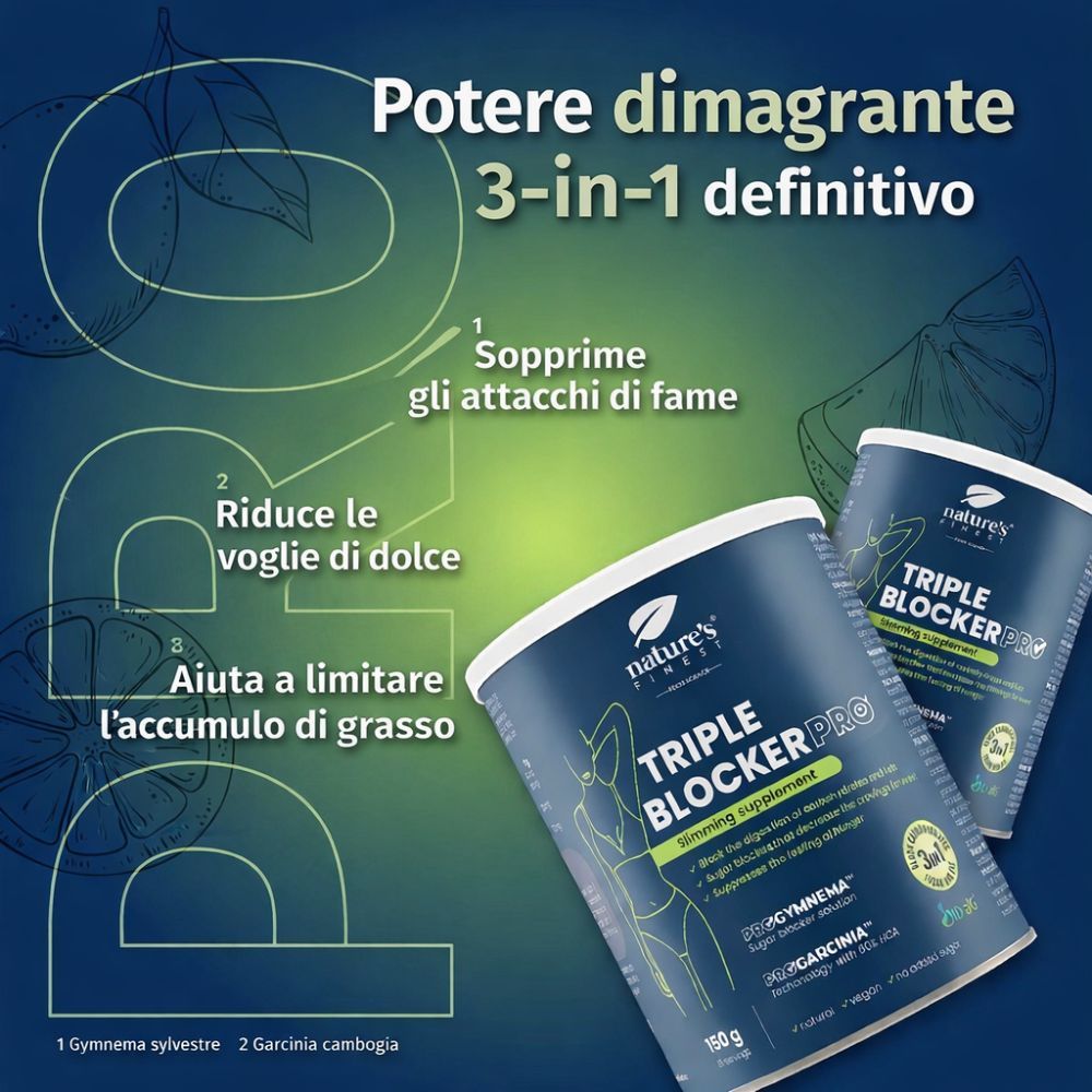 Donna con barattolo Nature's Finest Triple Blocker PRO. Donna tiene il barattolo. Informazioni prodotto.