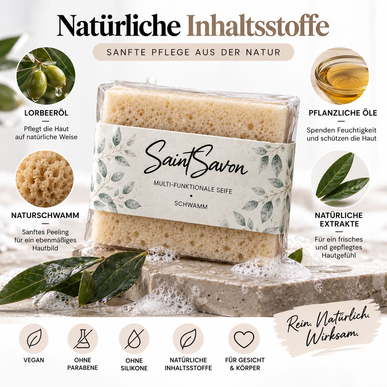 Spugna saponata Saint Savon con focus sugli ingredienti naturali come olio di alloro e oli vegetali.