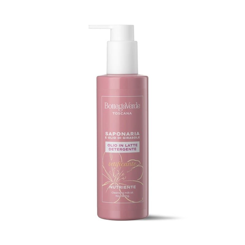 Flacone rosa con dispenser a pompa. Contiene "Saponaria Olio in Latte Detergente Nutriente".