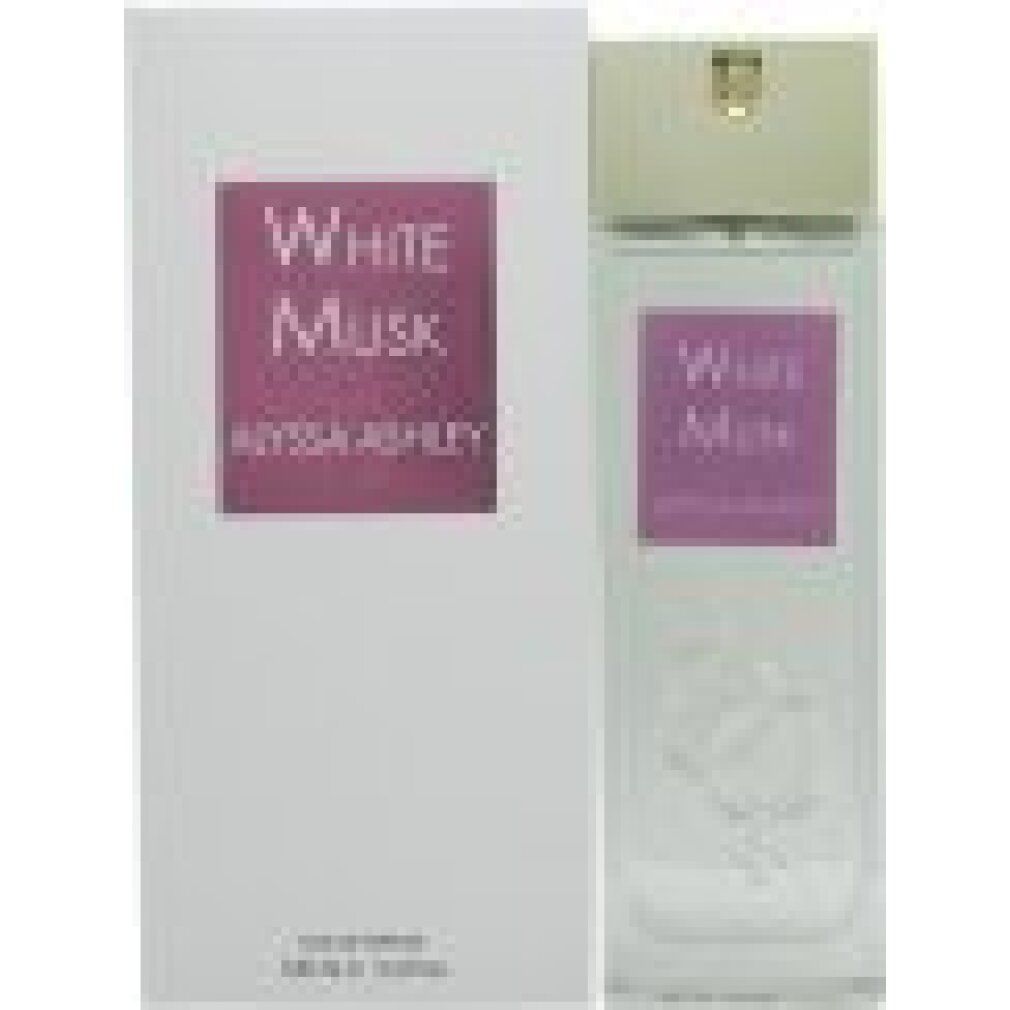 Alyssa Ashley White Musk Eau de Parfum Spray con confezione. Flacone e scatola rettangolari. Etichetta viola.