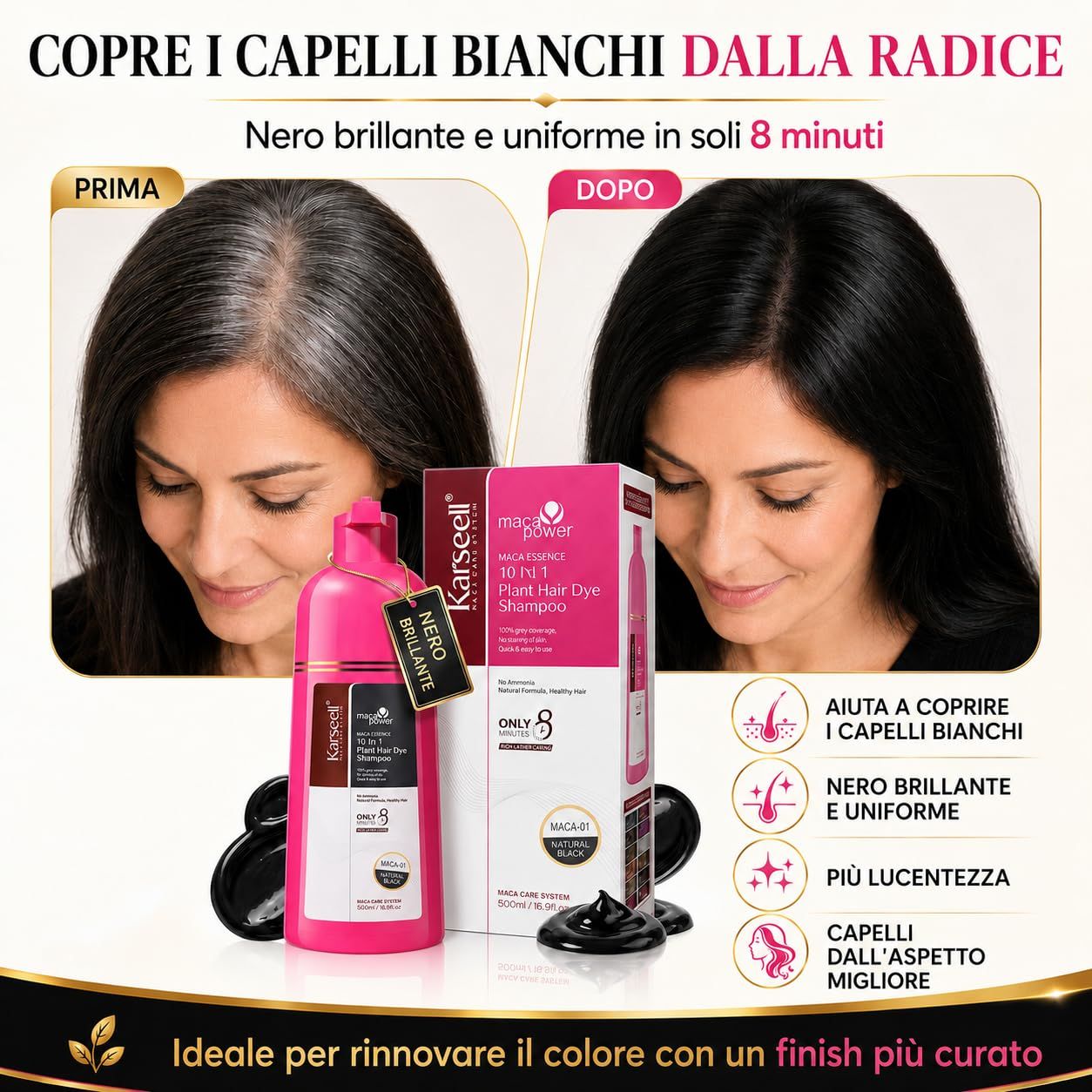 KARSEELL Shampoo Colorante Nero Naturale Copertura Capelli Bianchi Istantanea Cheratina