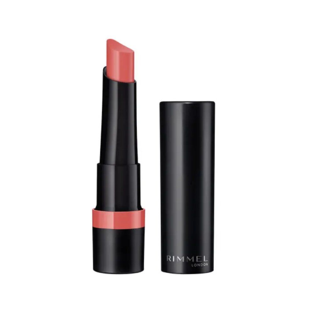 Rossetto rosa con astuccio nero e cappuccio. Il rossetto è parzialmente estratto. Scritto Rimmel London sull'astuccio.