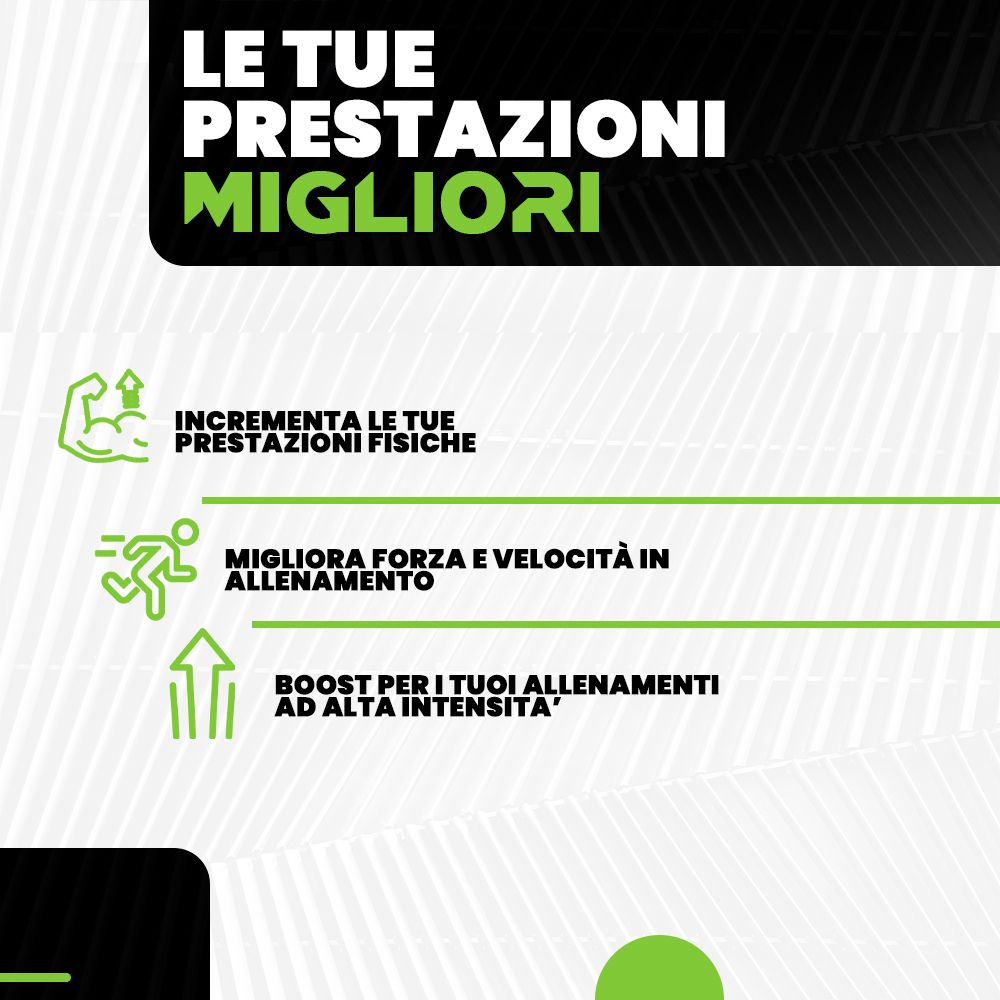 Infografica: Migliora le prestazioni. Testo: Aumenta le prestazioni fisiche, migliora forza e velocità, boost per allenamenti.