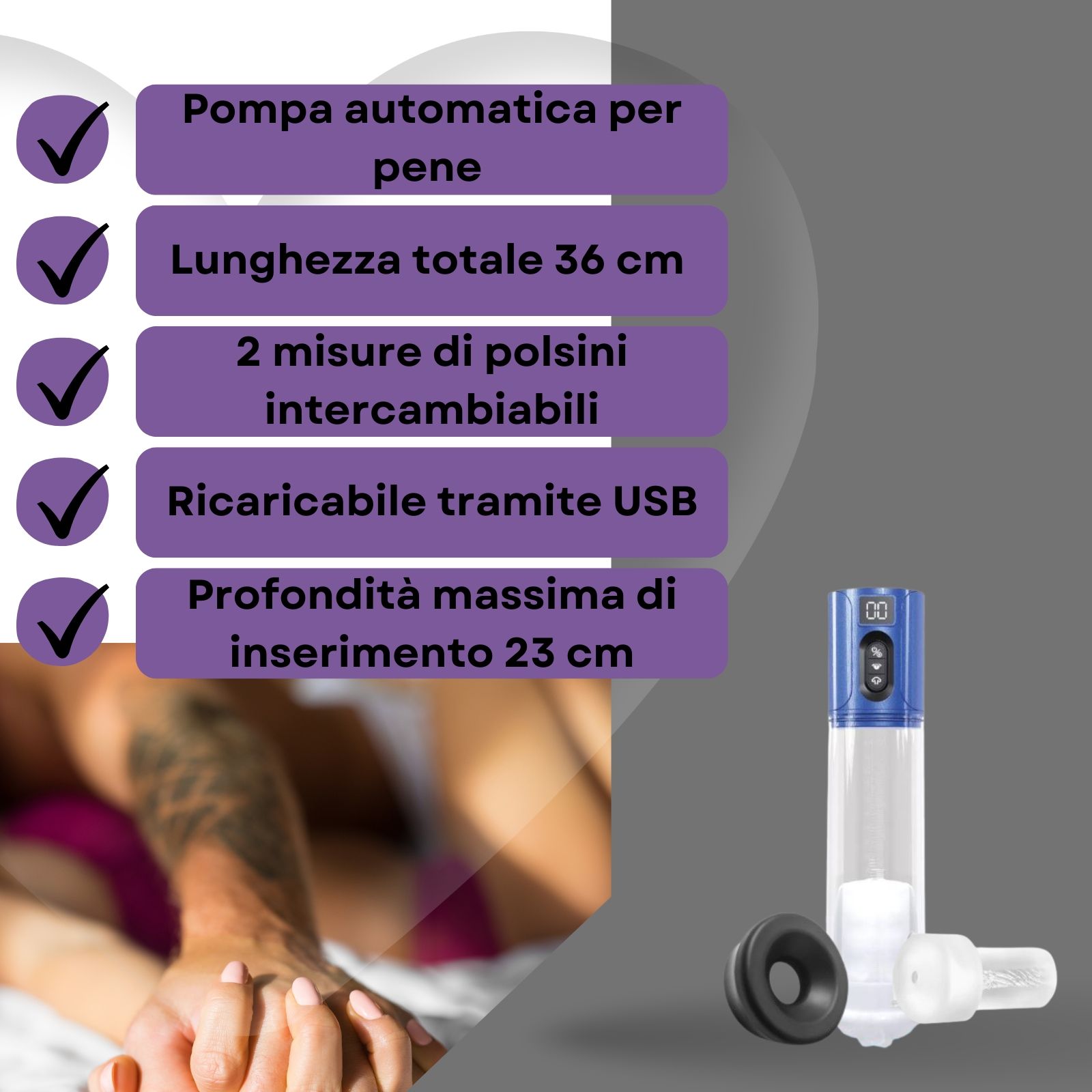 Pompa per pene con testo: Automatica, 36cm lunghezza, 2 manicotti, USB, 23cm profondità. Coppia.