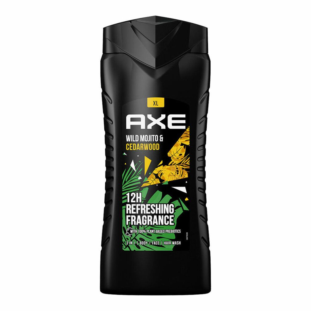 Flacone nero con etichetta gialla e verde. Scritta: AXE Wild Mojito & Cedarwood. 12H Refreshing Fragrance.