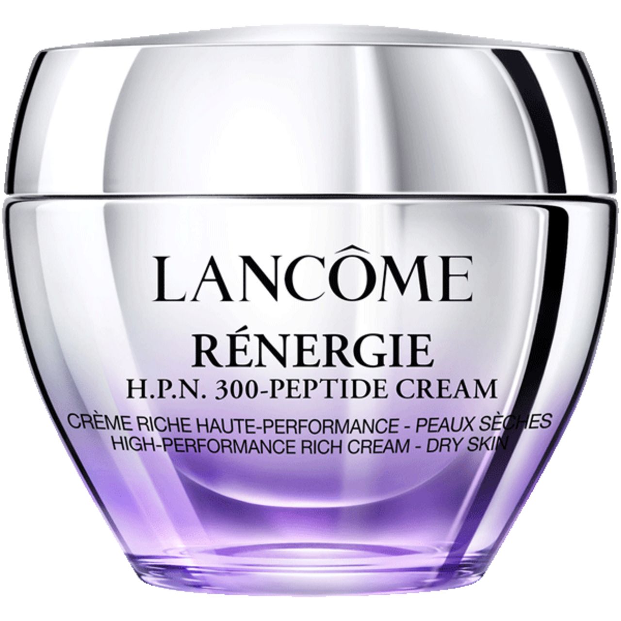Vaso di crema con coperchio argentato. Scritta: Lancôme Rénergie H.P.N. 300-Peptide Cream. Crema per pelli secche.