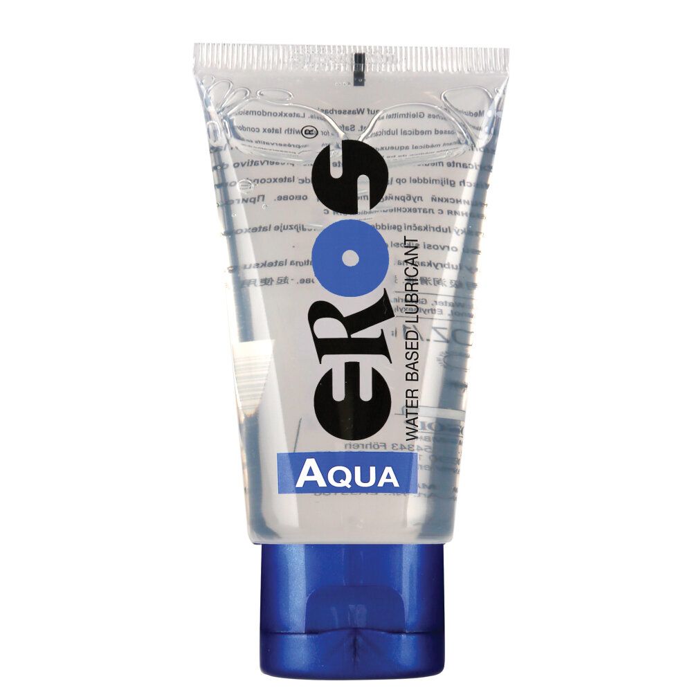 Tubo trasparente con tappo blu. Scritta: EROS Aqua. Lubrificante a base d'acqua.