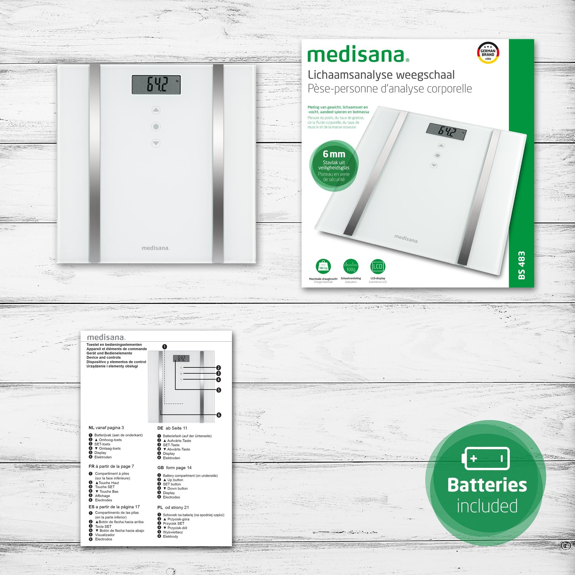Bilancia per analisi corporea con confezione, manuale e batterie. Logo 'medisana'.
