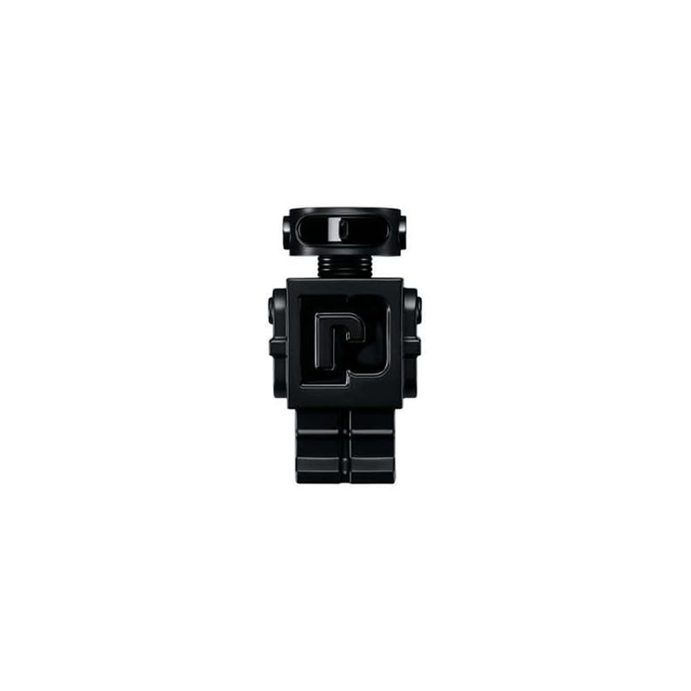 Flacone di profumo a forma di robot nero. Corpo quadrato, testa rotonda, 'P' nell'area del petto.