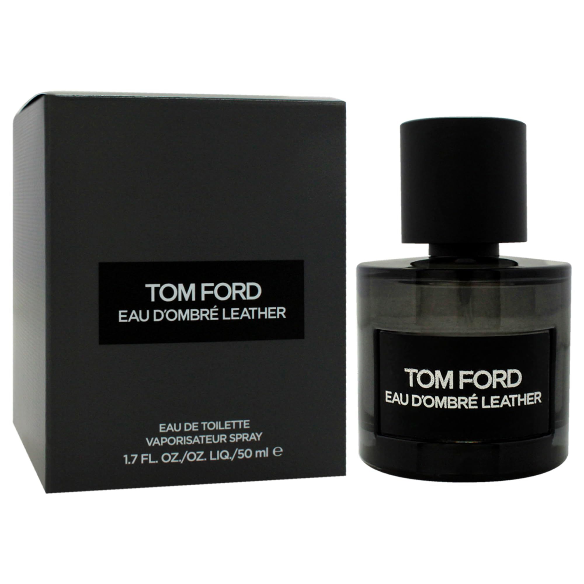 Flacone e confezione Tom Ford Eau D'Ombré Leather. Flacone nero con tappo nero ed etichetta. Confezione nera.