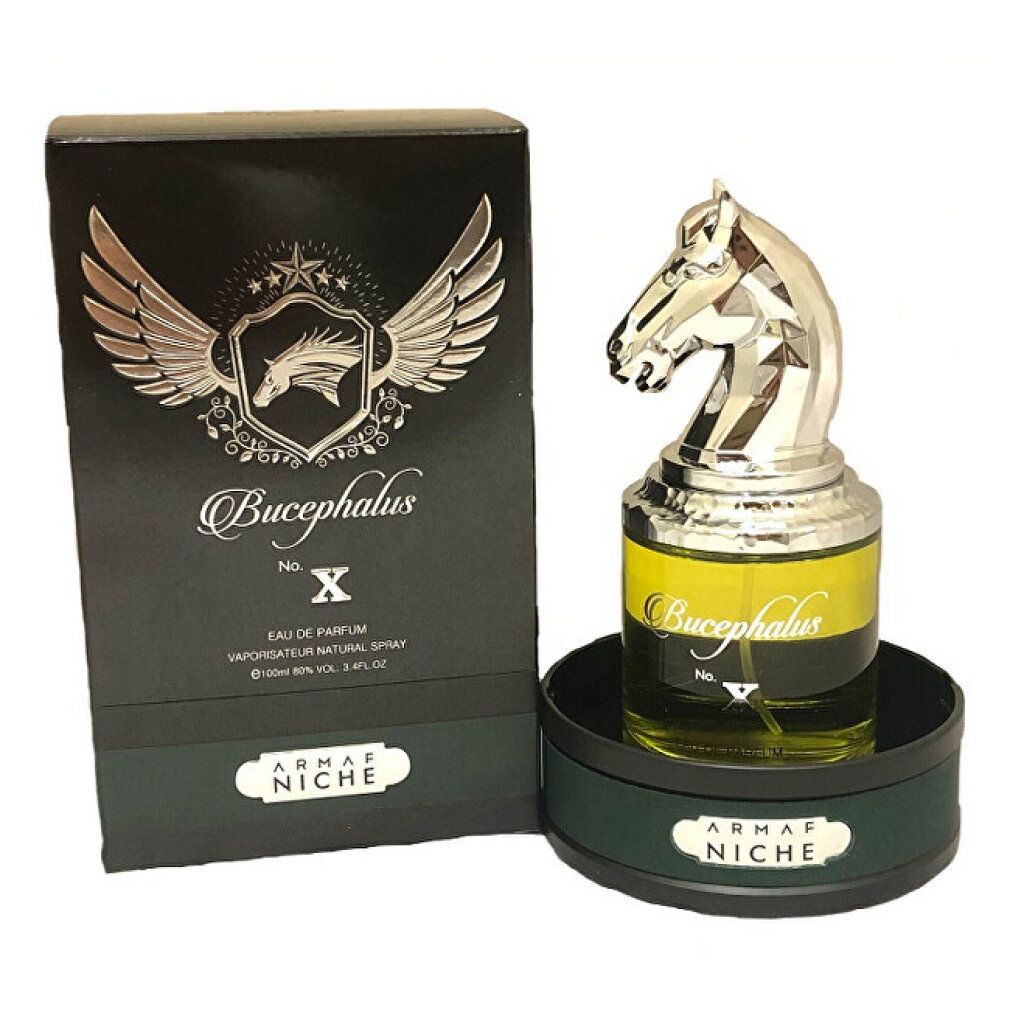 Flacone di profumo con tappo a forma di testa di cavallo argentata e confezione nera. Scritta: Bucephalus No. X, Armaf Niche.