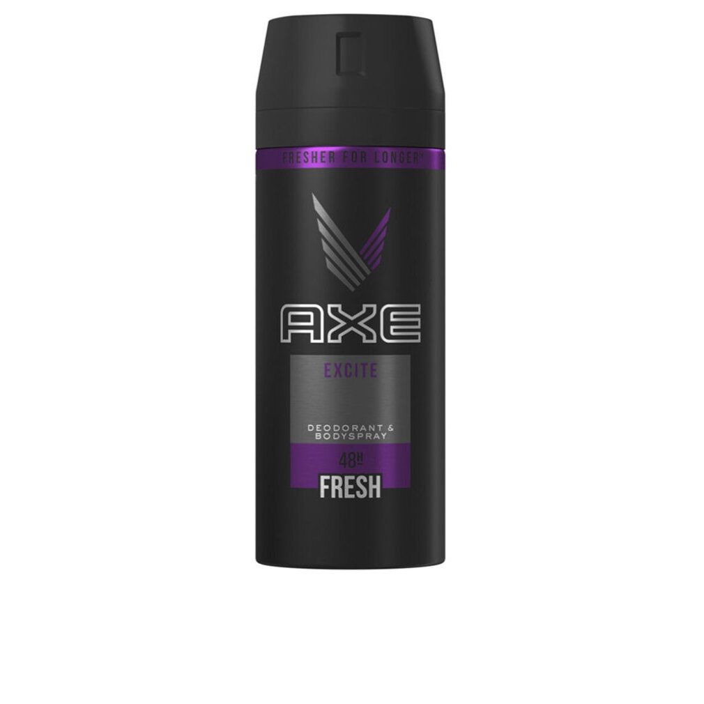 Axe Excite Deodorante Spray. Flacone nero con dettagli viola. Logo e scritta "EXCITE" e "FRESH".