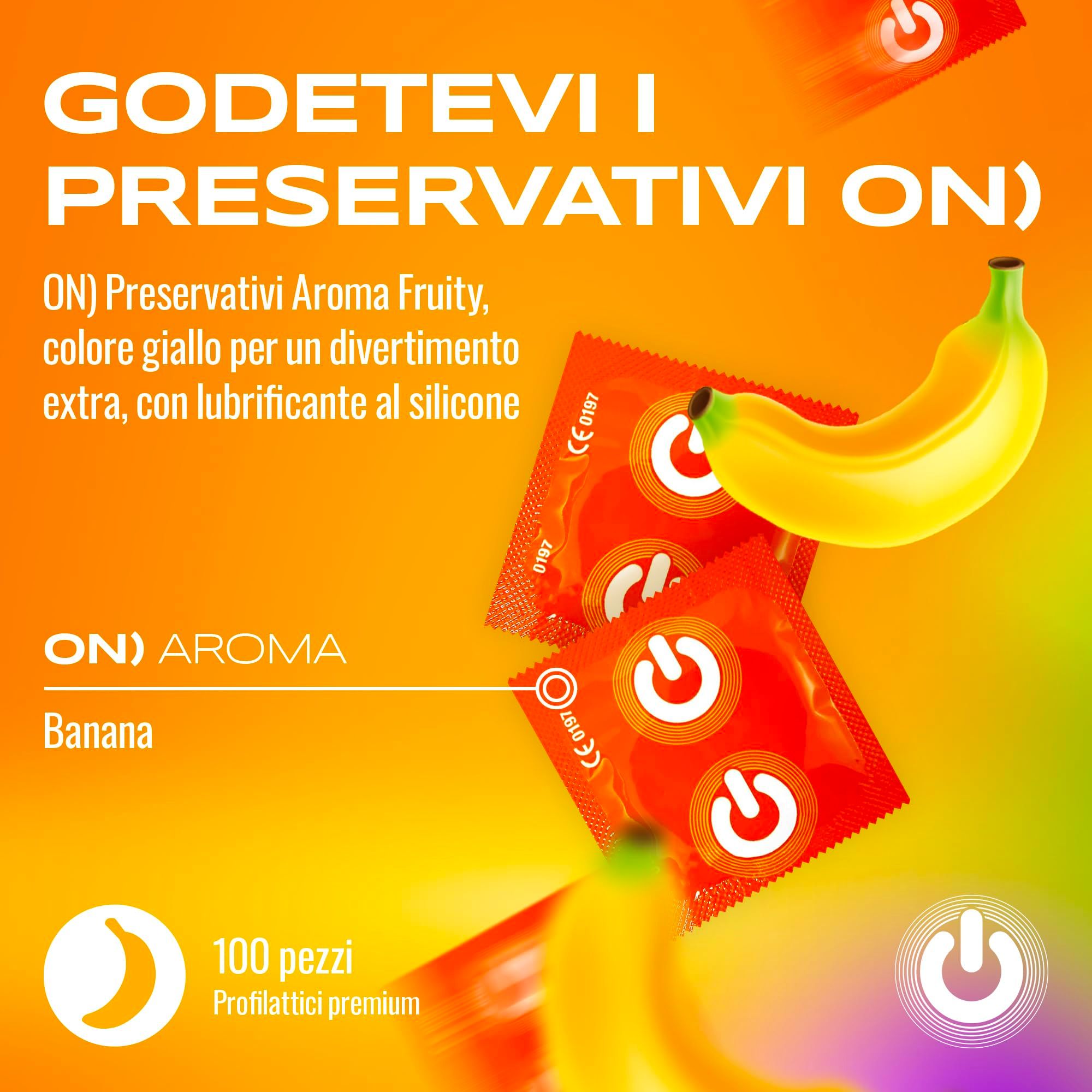 Preservativi aroma banana, 100 pezzi, con lubrificante al silicone.