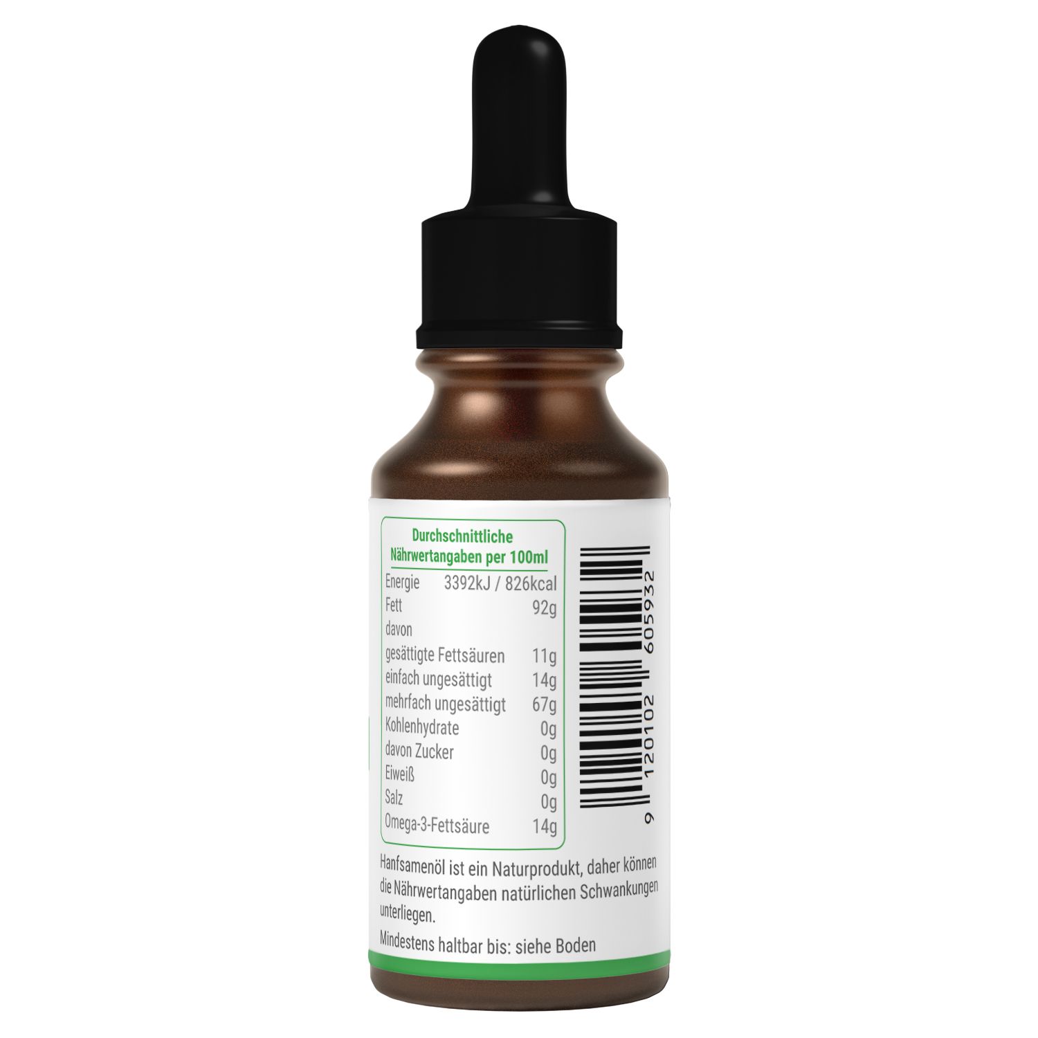 Retro di un flacone marrone con contagocce nero. Etichetta con informazioni nutrizionali per 100 ml e data di scadenza.
