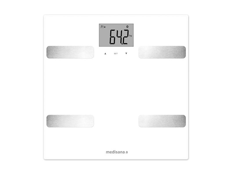 Bilancia analisi corporea bianca con display. Peso: 64,2 kg. Simbolo Bluetooth. Logo Medisana. Quattro superfici metalliche.