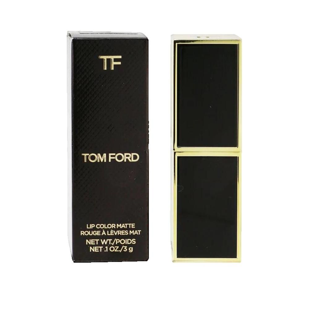Confezione nera di rossetto con dettagli dorati. Testo: TF, TOM FORD, LIP COLOR MATTE ROUGE À LÈVRES MAT, NET WT./POIDS NET .1 OZ./3 g.