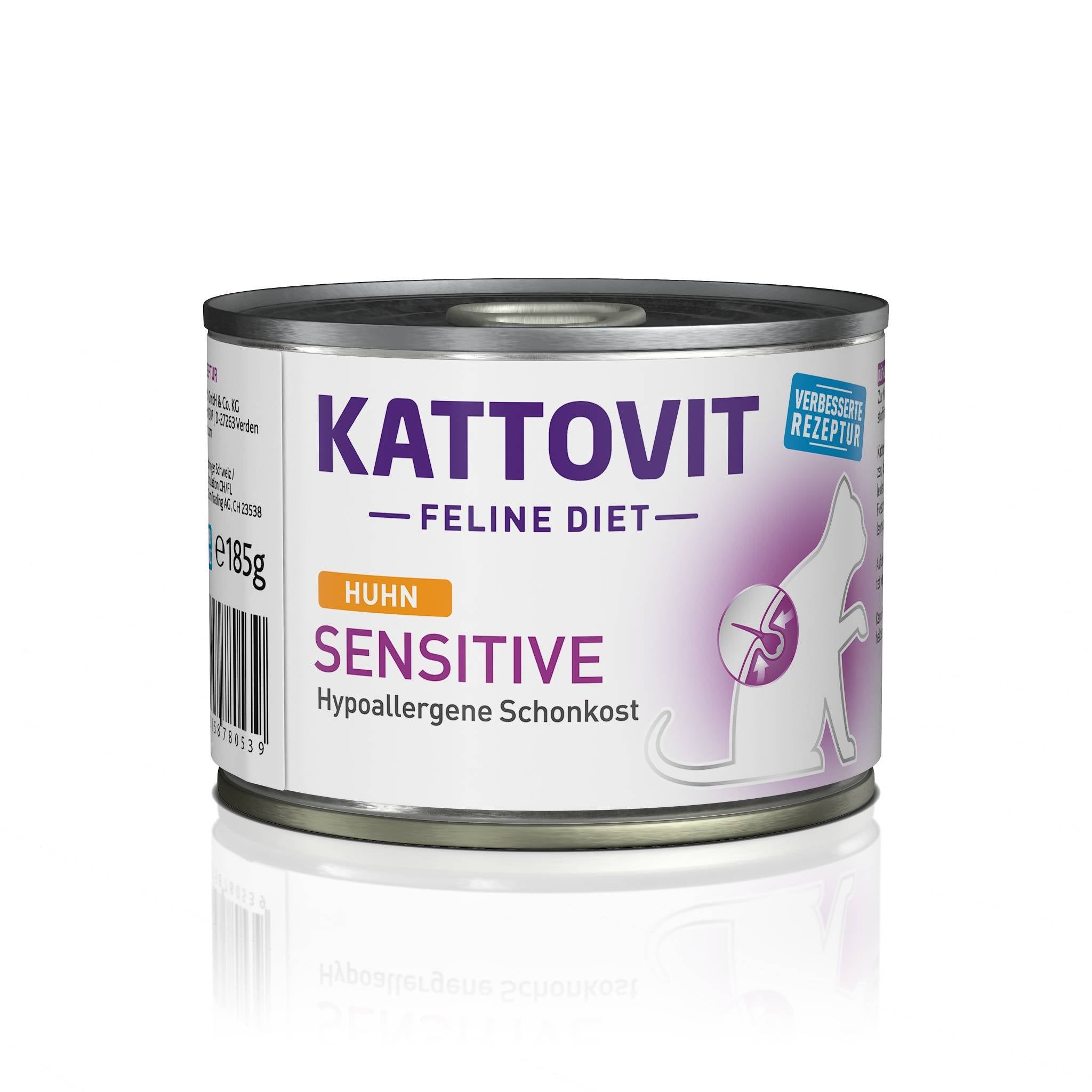 Lattina di cibo per gatti Kattovit Sensitive Huhn. Etichetta: Huhn, Sensitive, alimento ipoallergenico. 185g. Illustrazione di gatto.