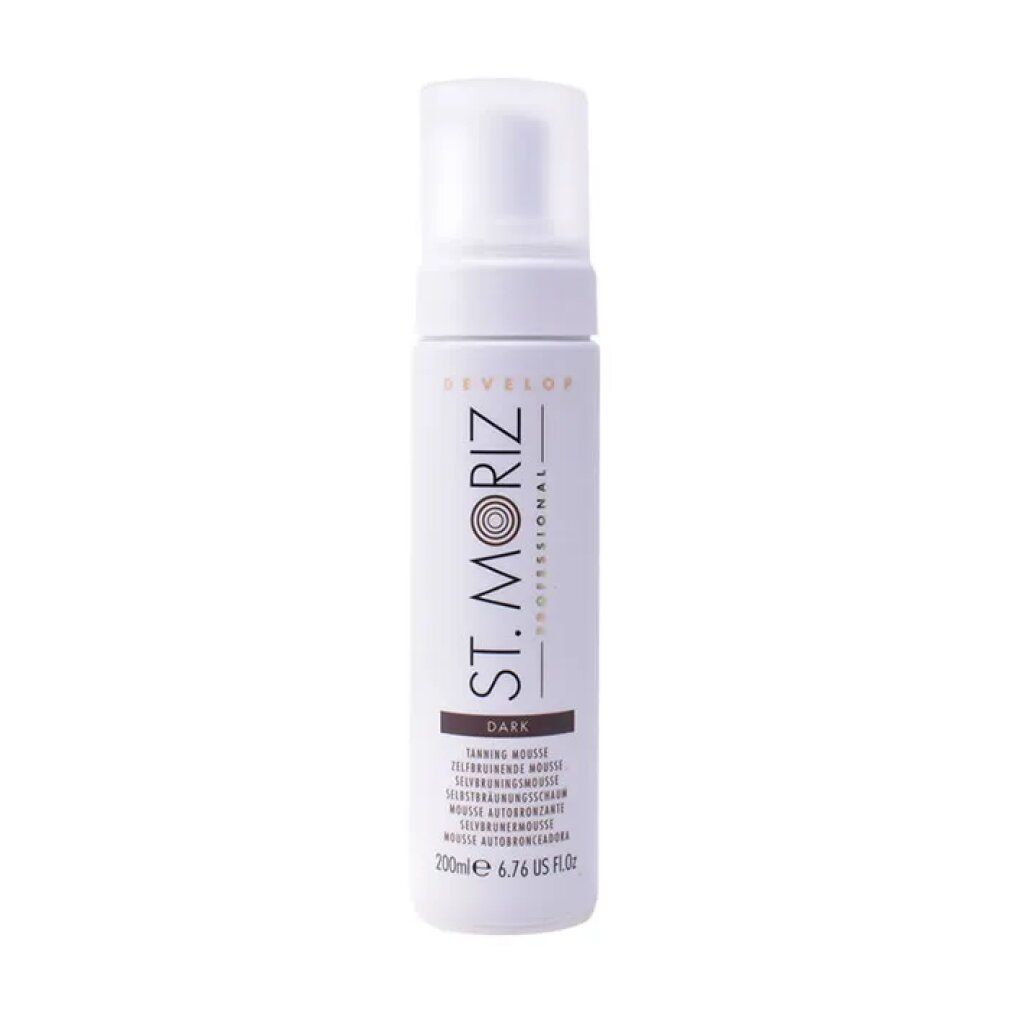 Flacone bianco con erogatore a spruzzo. Scritta: St. Moriz Professional, Dark Tanning Mousse. Volume: 200ml.