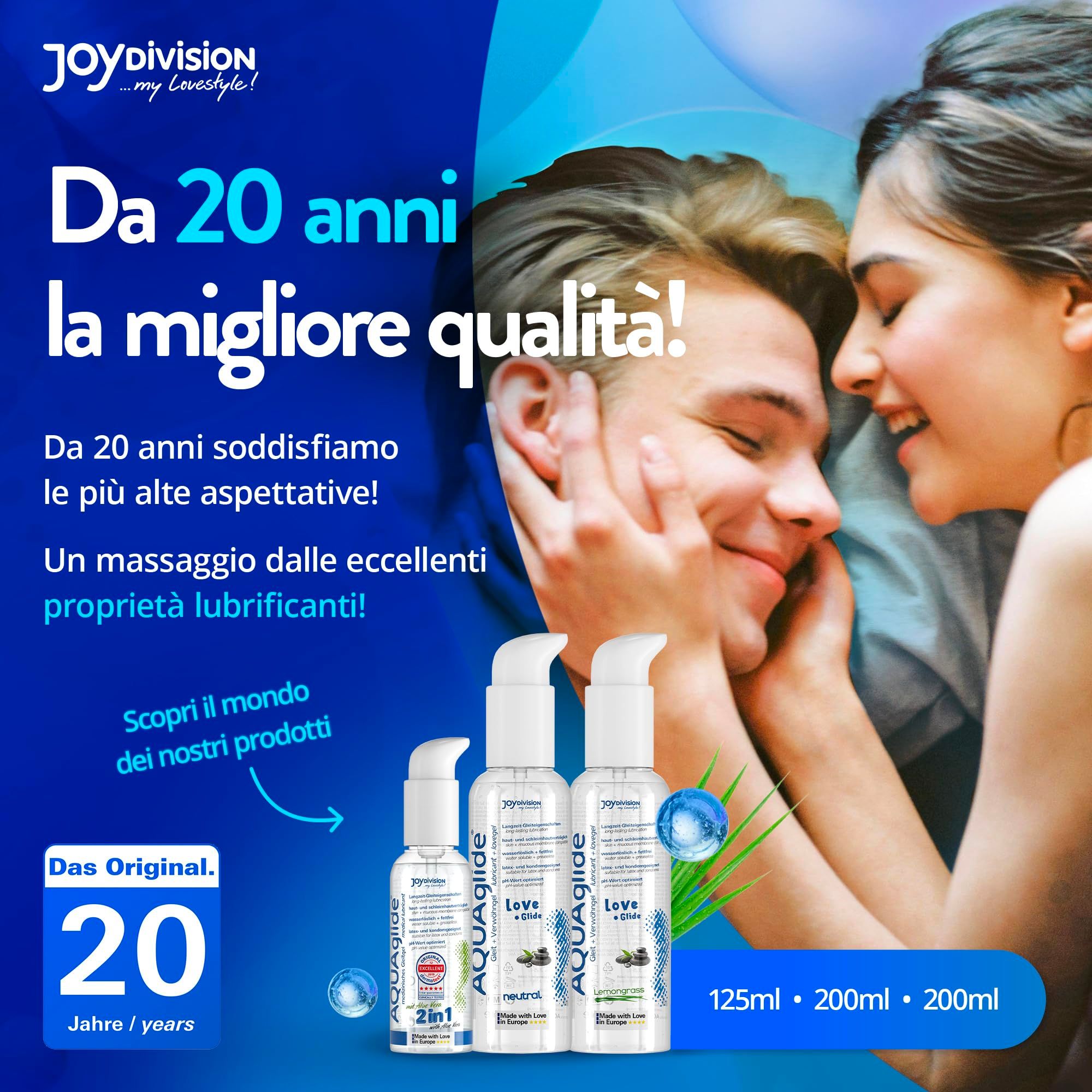Lubrificanti AQUAGLIDE in diverse misure: 125ml, 200ml, 200ml.