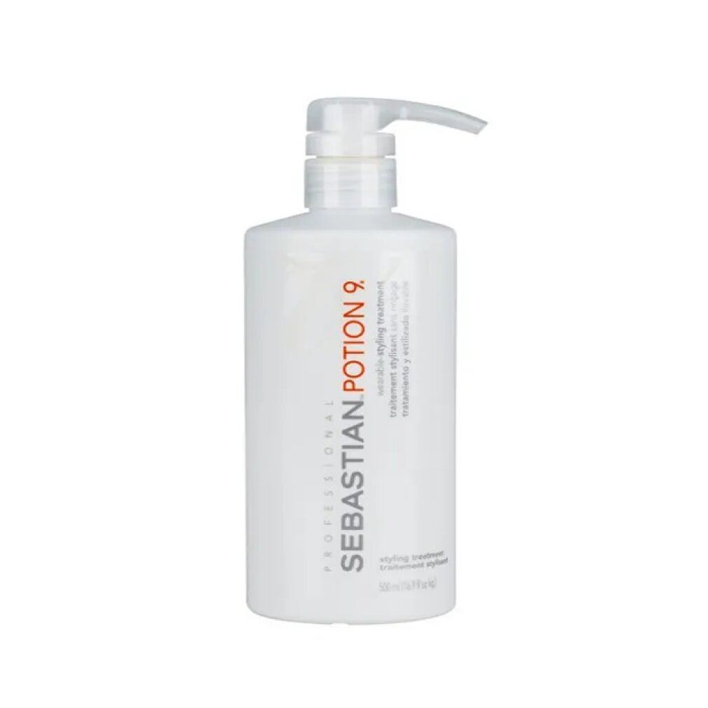 Flacone bianco con dosatore a pompa. Scritta: Sebastian Professional Potion 9. Nome del prodotto e altre informazioni.