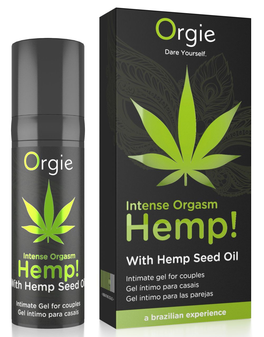 Orgie Hemp! Gel intimo per coppie con olio di semi di canapa. Flacone e confezione neri con simbolo di foglia di canapa.