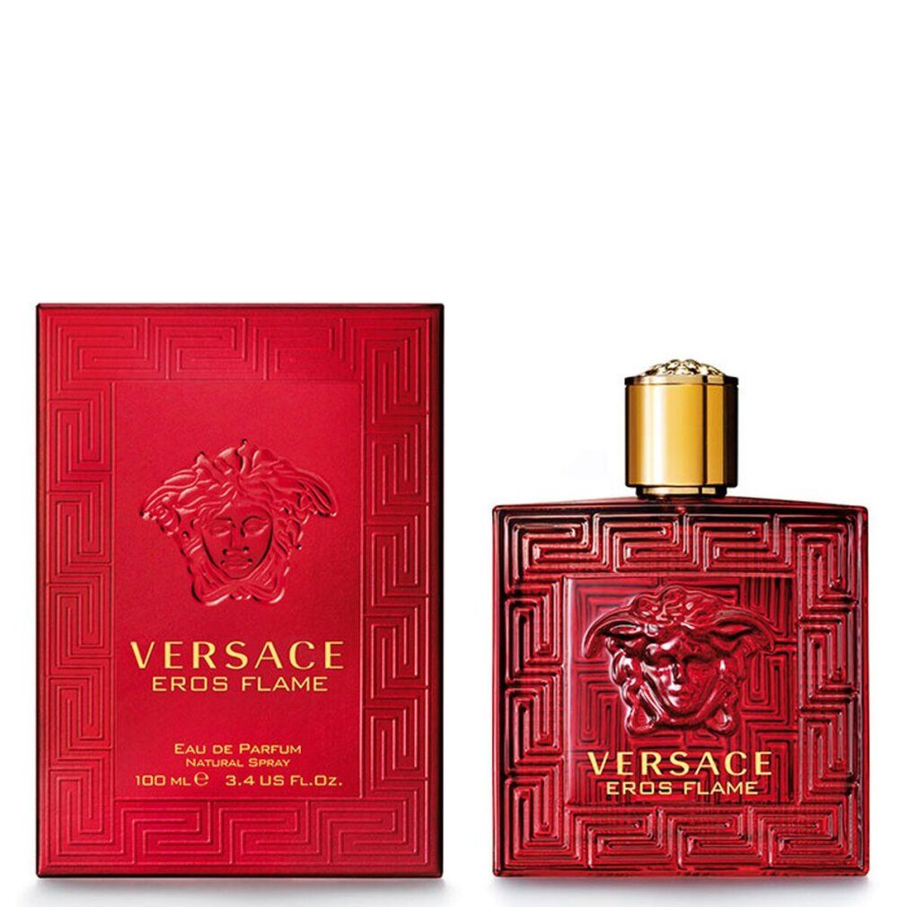Flacone e confezione rossi. Scritta EROS FLAME. Logo Versace. Forma quadrata con motivo in rilievo. Tappo dorato.