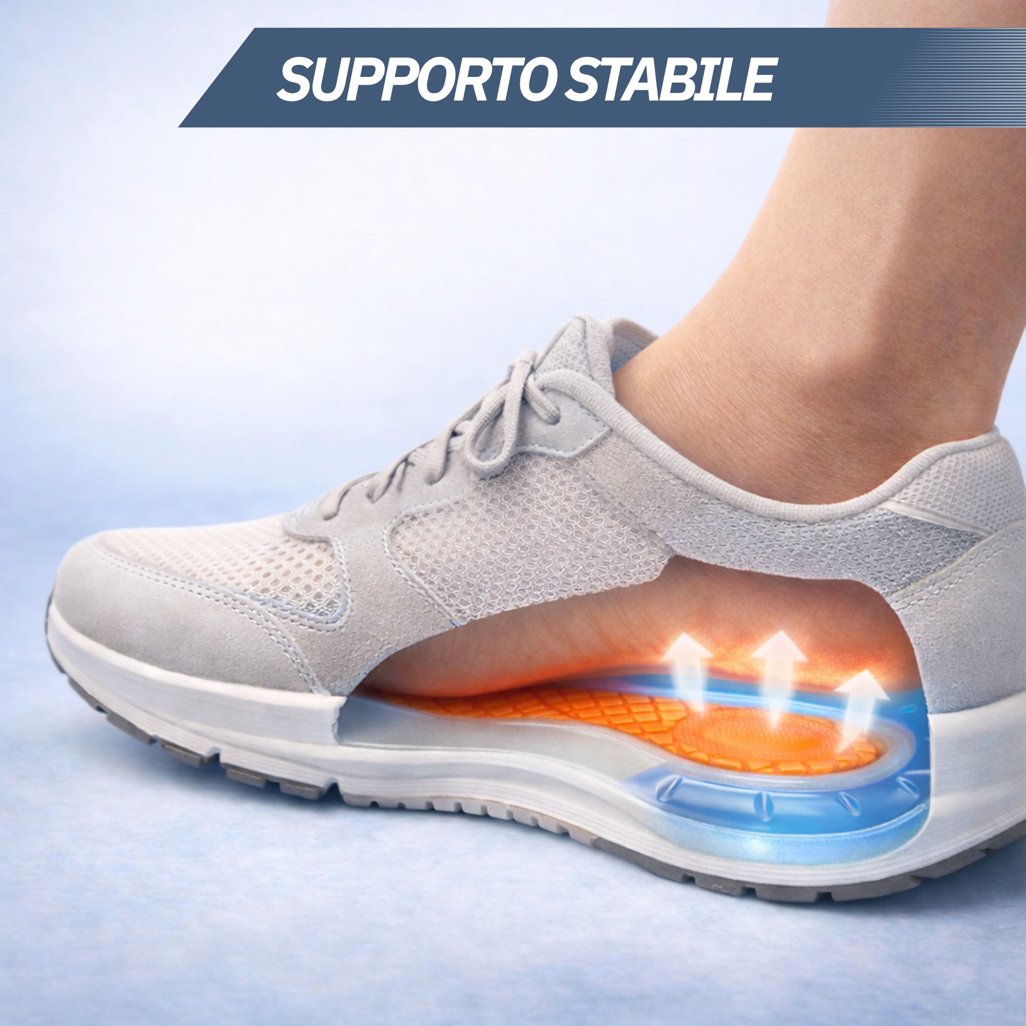 Soletta all'interno di una scarpa da ginnastica, che mostra l'ammortizzazione e il supporto del piede.