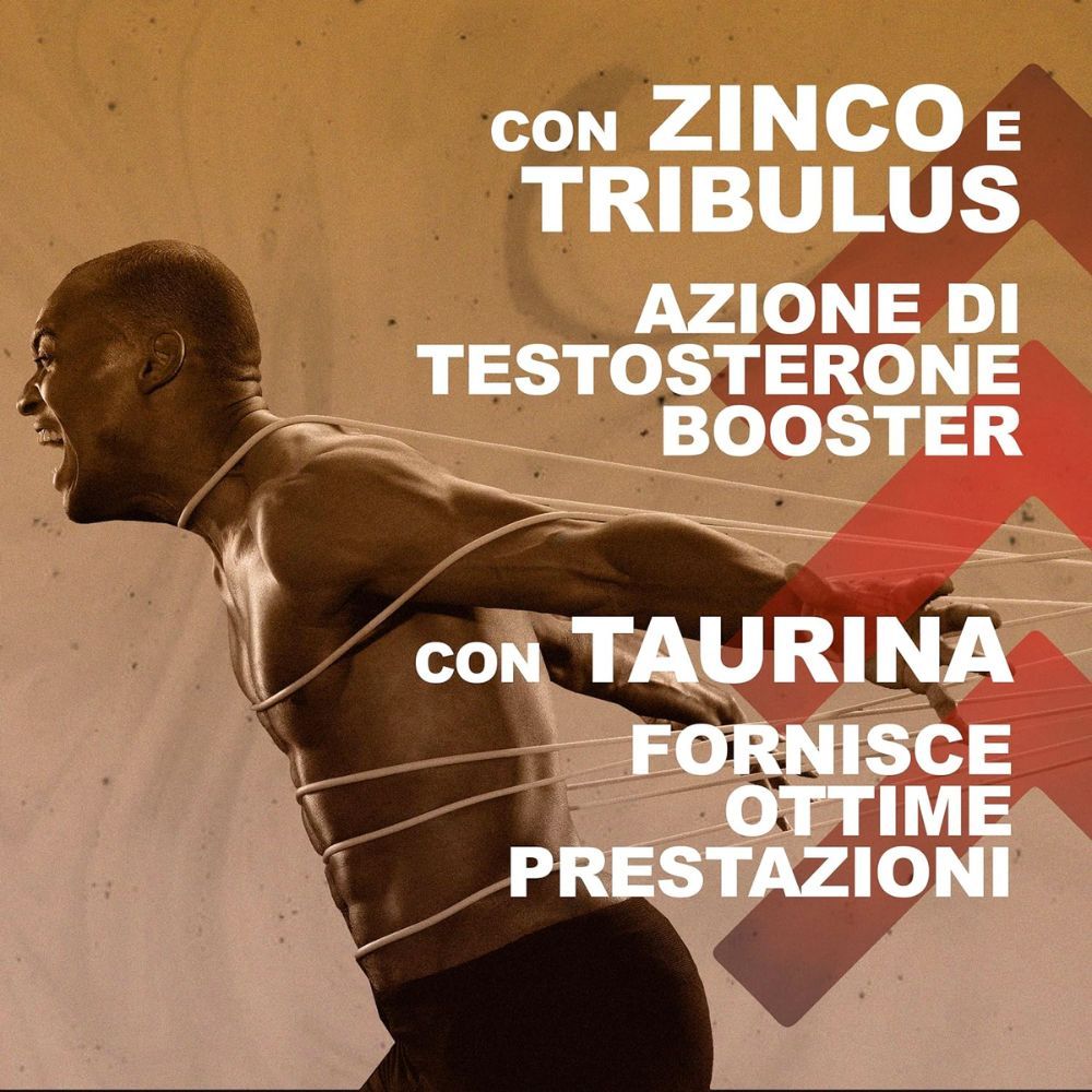 Uomo che corre. Testo: CON ZINCO E TRIBULUS. AZIONE DI TESTOSTERONE BOOSTER. CON TAURINA. FORNISCE OTTIME PRESTAZIONI.
